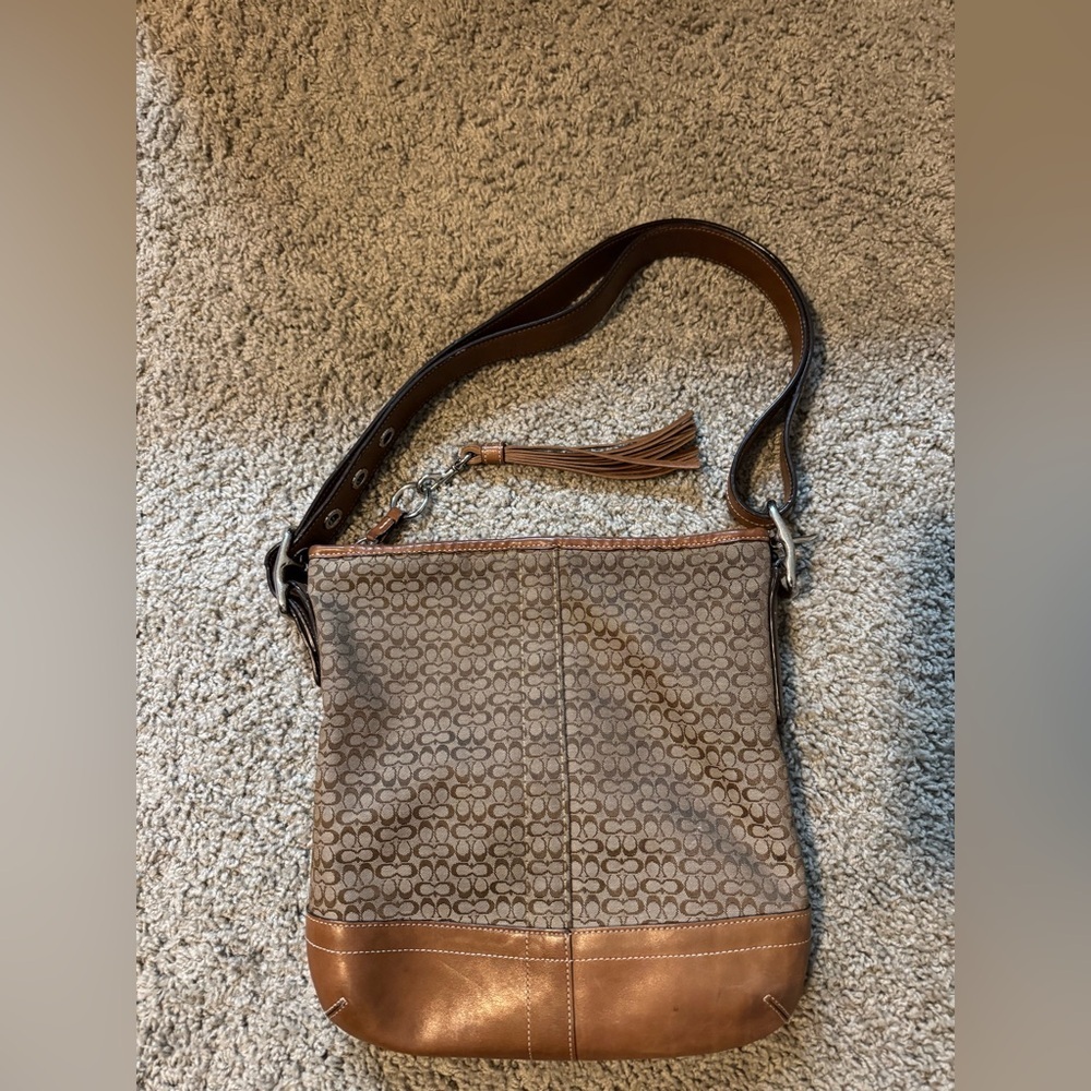 Coach Tan and Brown Mini Jacquard Convertible Shoulder Bag with Signature Design - Picture 3 of 14